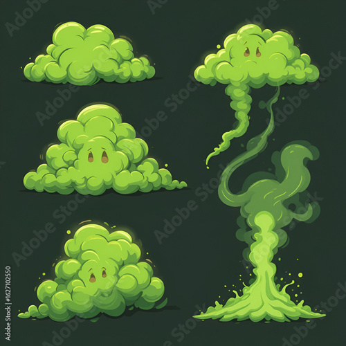 Cartoon green bad smell, stinky smoke clouds, and toxic steam. Vector stench or stink, fume trails, disgusting breathing, fart, spoiled rotten food odor. Isolated set of garbage vapor, fume, miasma