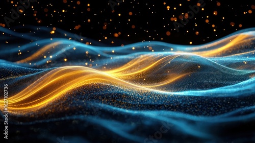 Abstract digital waves glowing in blue and orange with floating particles creating a dynamic and futuristic atmosphere