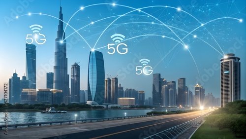 5G high-speed wireless internet. Broadband Wireless Cellular. 5th generation of smart-mobile communication. Digital Technology Network Digital Data and Social network worldwide Connection .