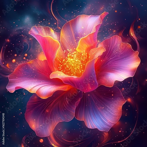 Radiant detailed close-up of a vibrant glowing flower with delicate translucent petals in shades of pink, purple, and orange surrounded by sparkling particles and swirling energy