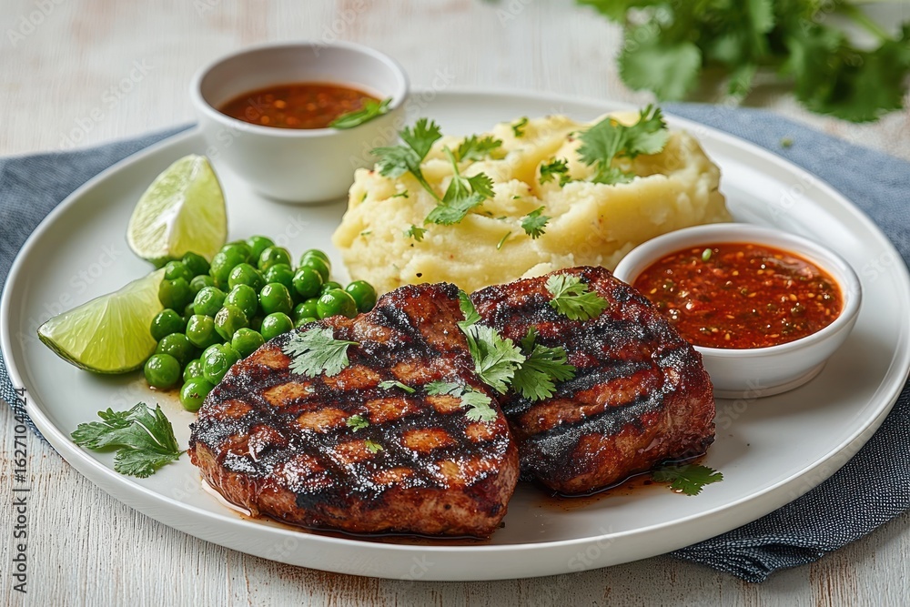 Grilled steak served with mashed potatoes, green peas, lime wedges, fresh cilantro, and two bowls of spicy red sauce on a white plate Grilled steak served with mashed potatoes, green peas, lime wedges, fresh cilantro, and two bowls of spicy red sauce on a white plate