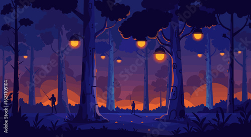 Enchanted forest pathway with lanterns glowing at sunset  