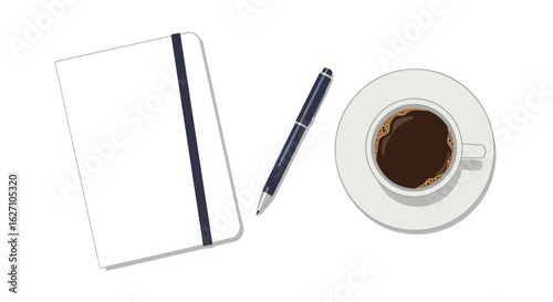 Notepad, pen, and cup of coffee on white background  