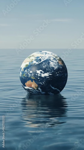 Abstract 3d Earth Globe Floating Gently On Rippled Water Surface