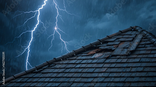 Roof with damaged shingles during heavy rain and lightning storm, illustrating severe weather conditions and structural vulnerability.
