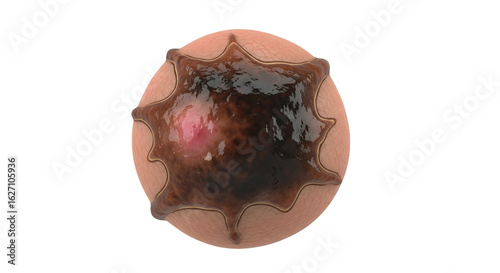 Jagged Skin Patch Featuring Dark Glossy Substance with Translucent Center Showing Red Hue on White Background