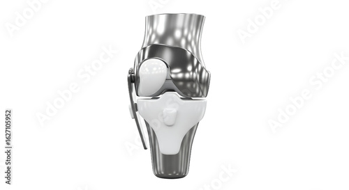 Knee Joint Replacement 3D Rendering Showing Chrome and Bone White Prosthetic Components Against a Clean White Background in Detailed Medical Illustration