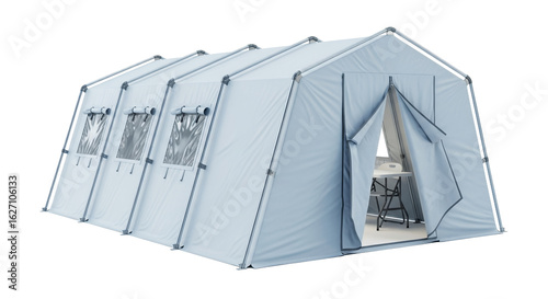 Large White and Blue Relief Tent Isolated on Transparent Background Outdoor Equipment and Temporary Shelter with Functional Design and Sturdy Frame
