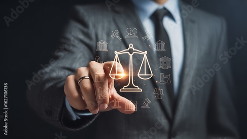 Businessman touching glowing scales of justice with legal icons around balance