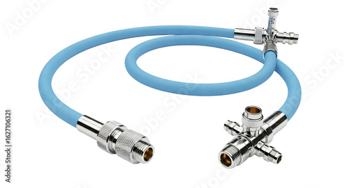 Light Blue Corrugated Hose with Silver Metal Connectors on Transparent Backdrop Showcasing Industrial Design and Components Texture Sheen Plumbing System Elements
