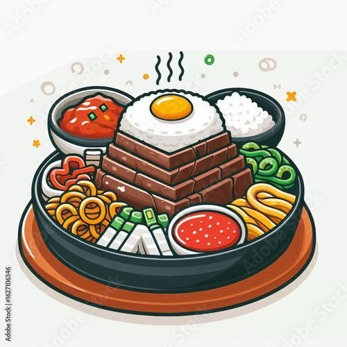 Cartoon depiction of Bibimbap a Korean dish served in a black bowl on a circular wooden plate