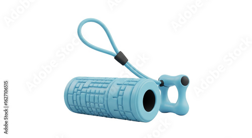 Light Blue Muscle Massage Roller with Patterned Texture Against a White Background for Fitness and Therapy Equipment for Muscle Soreness Relief and Post Workout Recovery