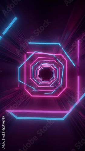 Abstract 3D Neon Glowing Geometric Tunnel Background in Blue and Pink