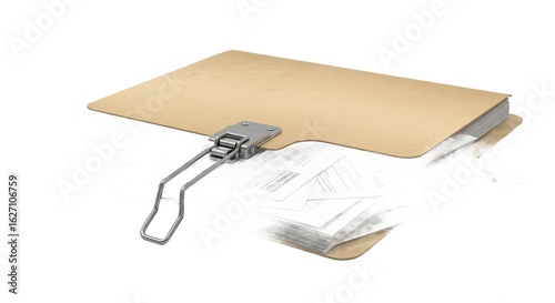 Light Brown File Folder Filled with Dense Black Text on White Sheets Secured with Silver Clip and Chain Against White Background