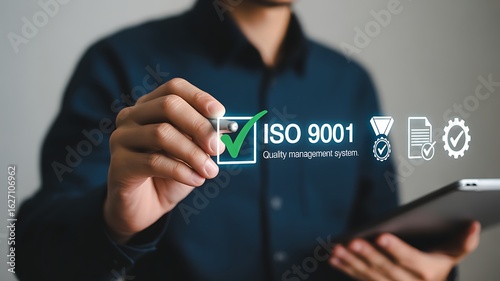 Man touching ISO 9001 quality management system certification icons ISO 9001 quality control