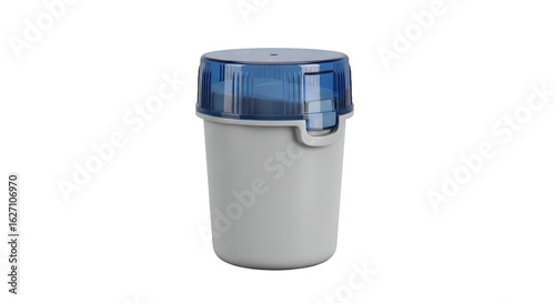 Light Grey Plastic Container with Semi Transparent Blue Lid on White Background a Clean Product Shot in Studio Lighting for Home Storage and Organization Solutions