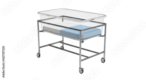 Medical Bassinet Rendering Featuring Transparent Plastic Shell and Blue and White Mattress on Transparent Background in 3D Product Visualization