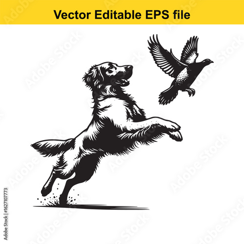 Vector art of golden retriever jumping for a bird, isolated on white background long horn, , long horn