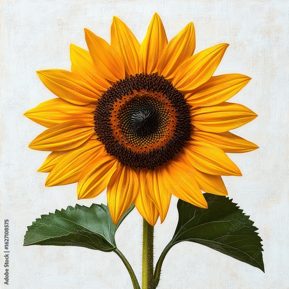 Naklejka premium Close-up of a vibrant sunflower with bright yellow petals and dark center against a light textured background