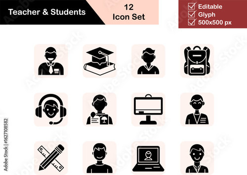 Teacher and Students Glyph Icon Set – 12 Bold Educational Vector Icons for E-learning and School Design