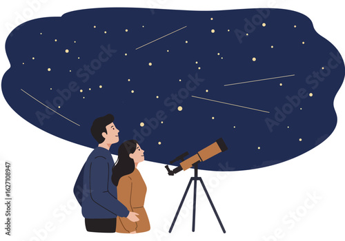 Illustration Art Vector of a Couple Gazing at Stars through Telescope in a Dark Blue Night Sky with a Cartoon Style