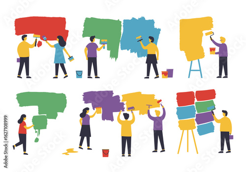 Illustration Painting Vector Art People Painting Wall with Colorful Brush Strokes in Flat Design