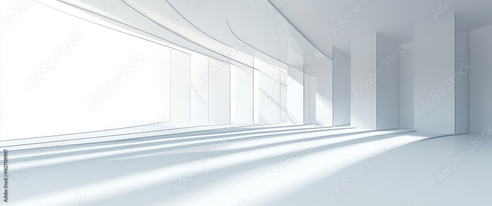 Fototapeta premium Bright and spacious empty modern room with large windows casting long shadows and clean white minimalist design