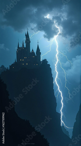 Epic lightning strikes behind dark fantasy castle perched high on dramatic cliffs against stormy skies