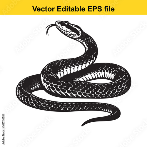 Vector art of black snake coiled, isolated on white background long horn, , long horn