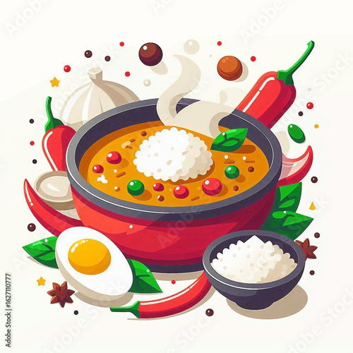 Colorful food illustration with curry rice egg chili peppers and garlic on a white background