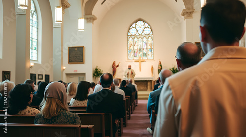 People sitting during Sunday mass in the church and listening to priest