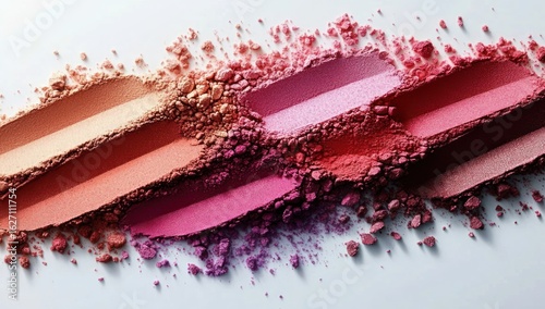 close-up view of multiple crushed and smudged eyeshadow powders in various shades of pink, purple, red, and peach on a white surface conveying a colorful and artistic makeup palette