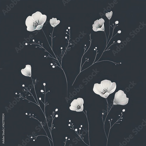 Delicate white floral branches with buds and slender stems on a dark background creating an elegant and minimalistic botanical composition
