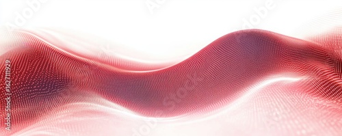 Abstract smooth flowing digital wave in shades of red and white with small illuminated dots creating a sense of motion and depth