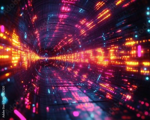 Glowing digital tunnel with vibrant neon pink, orange, and blue lights creating a futuristic and immersive data flow effect