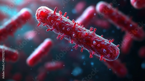 Close-up 3D rendering of red rod-shaped bacteria with detailed surface textures floating in a blurred microscopic environment