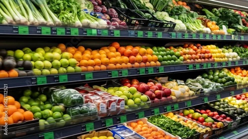 Dynamic Tracking Shot Through a Supermarket Aisle Brimming with Fresh Fruits and Vegetables