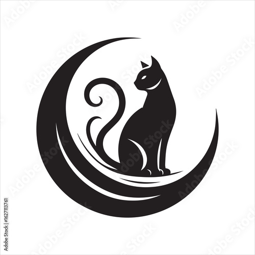 Elegant Black Cat Silhouette Perched on Crescent Moon Design.