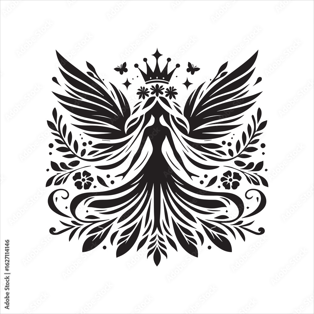 Fototapeta premium Ornate Silhouette of a Crowned Figure with Wings and Floral Accents.