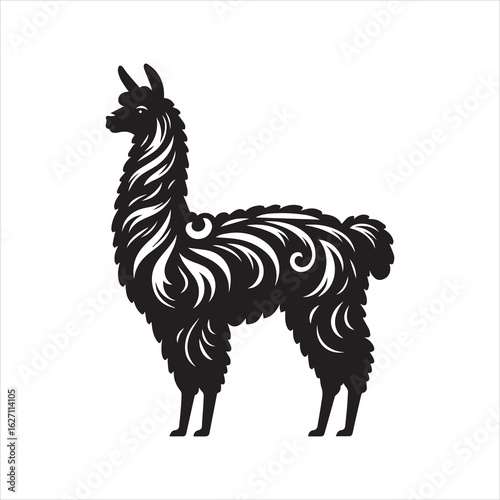 Ornate Llama Silhouette with Swirling Fur Patterns and Detailed Neck Mane.