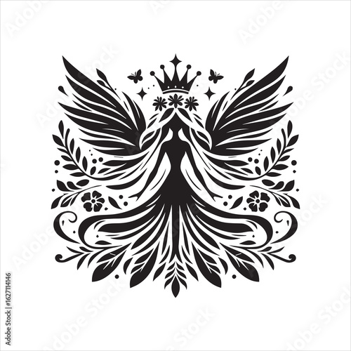 Ornate Silhouette of a Crowned Figure with Wings and Floral Accents.
