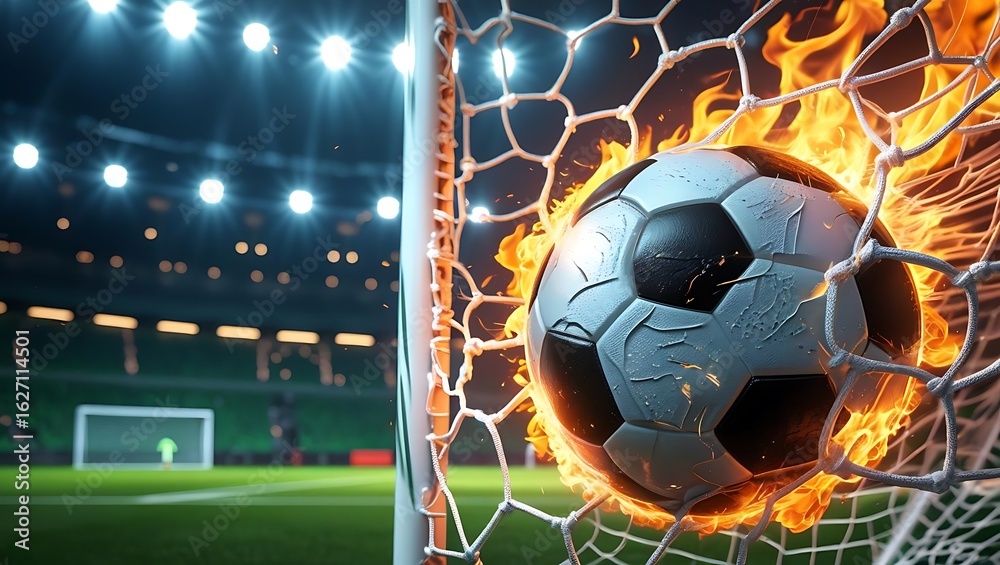 Naklejka premium Fiery soccer ball scores goal in stadium net fire