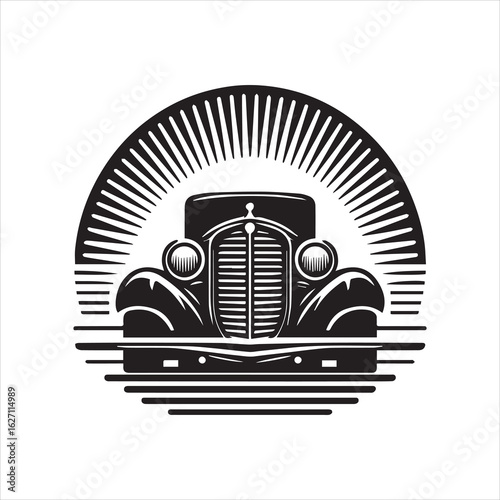 Stylized Vintage Car Front View with Radiating Lines in Black and White.
