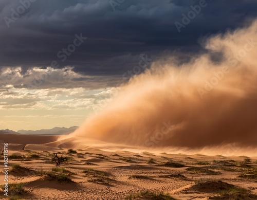 dramatic desert dust storm under ominous sky