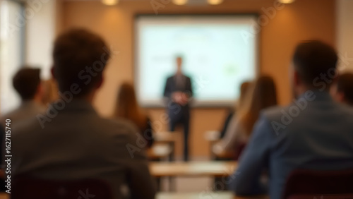 A high-angle blurred shot from the back of a modern conference room shows the blurred silhouettes of young businesspeople listening to a presentation, with a projector screen visible in front.