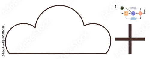 Cloud outline with diagram of AI processes and a plus sign. Ideal for cloud computing, AI innovation, technology integration, big data, digital transformation, software solutions, simple flat