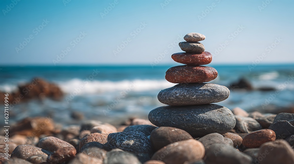 Fototapeta premium Pebble tower balance harmony stones arrangement on sea beach coastline Relaxing peaceful formation pyramid cobblestone philosophy equilibrium spiritual tranquility Spa therapy.