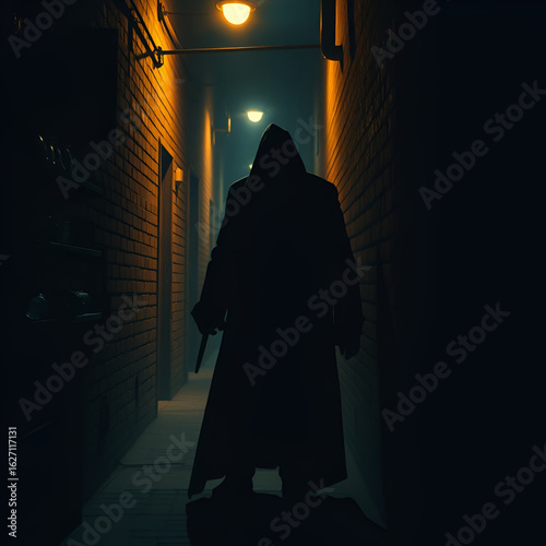 A shadowy figure lurking in a dimly lit alleyway, exuding an aura of malice and deceit  The scene suggests hidden motives and a sense of unease ,  darkness,  skulking