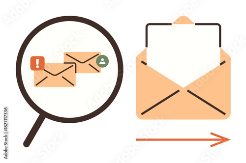 Magnifying glass examining emails with alerts, user notifications, and outgoing envelope. Ideal for communication, email monitoring, data analysis, spam detection, notifications, organization