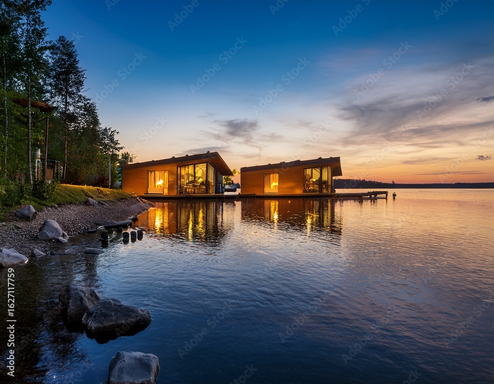 Fototapeta premium luxurious waterside cabins at twilight